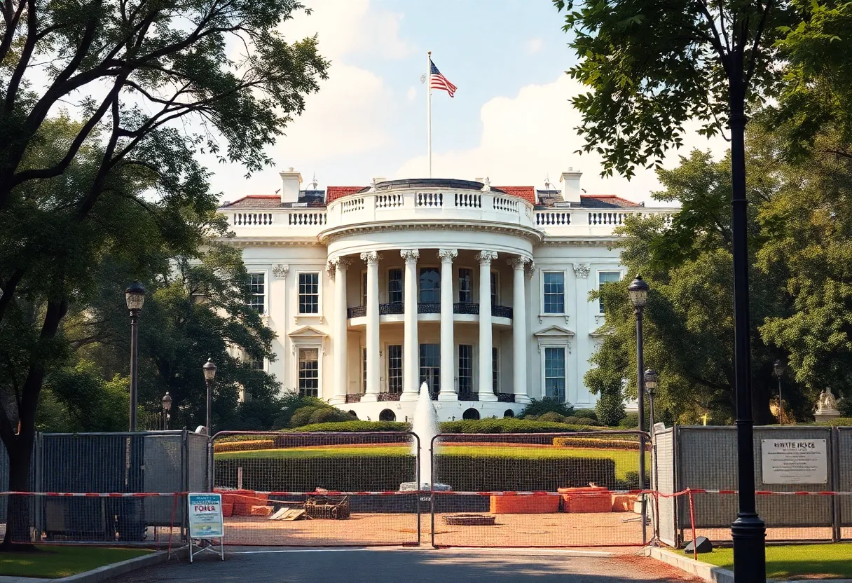 Demolition site of the White House East Wing with construction barriers.