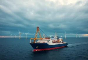 Installation vessel for wind turbines near completion in the ocean