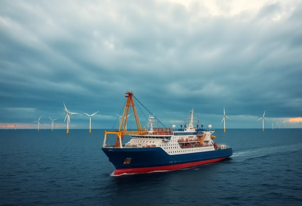 Installation vessel for wind turbines near completion in the ocean