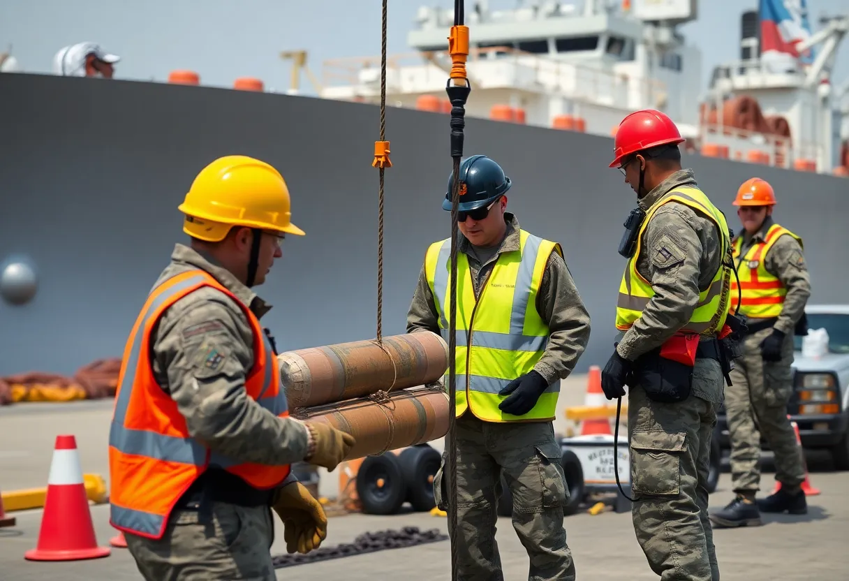 Construction workers and US Marines during the WWII-era explosive removal at Long Beach Port