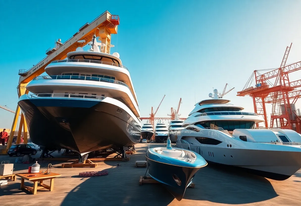 Modern yachts being constructed at a shipyard on the U.S. West Coast